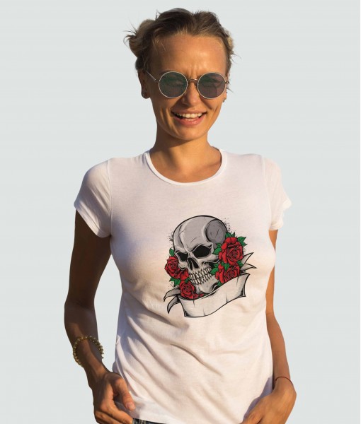 Дамска тениска с щампа Готика Skull with roses